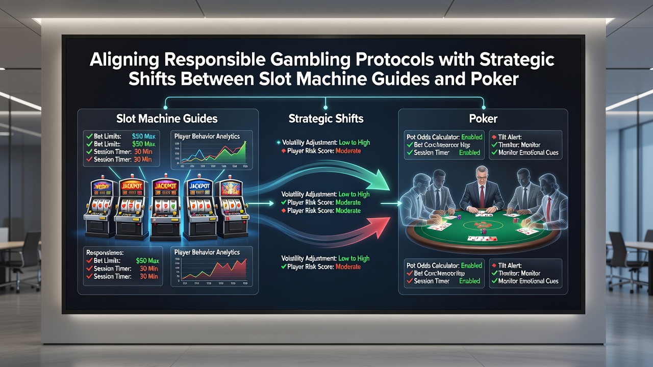 Illustration showing player transitions between slot machine interfaces and poker strategy tools with responsible gambling overlays
