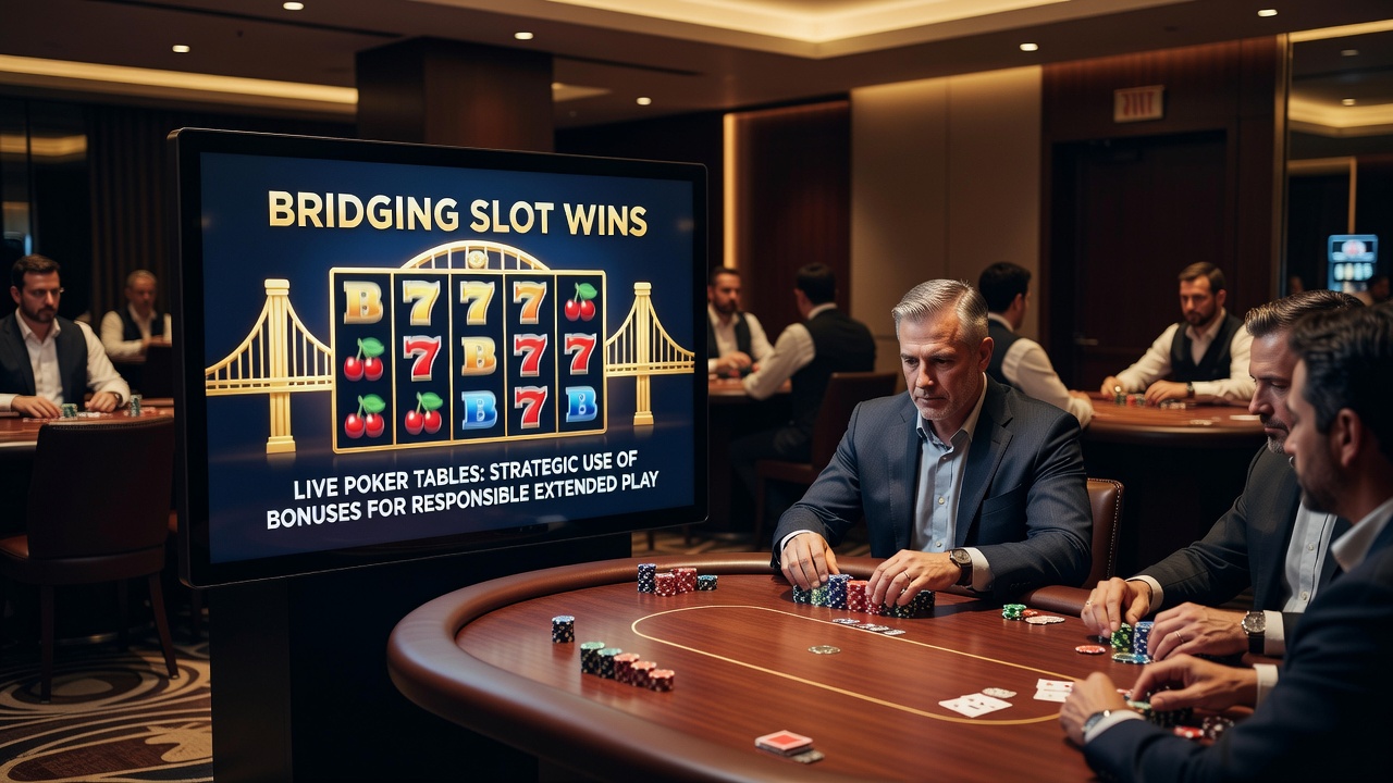 Close-up of poker table with chips and cards alongside a digital slot bonus meter