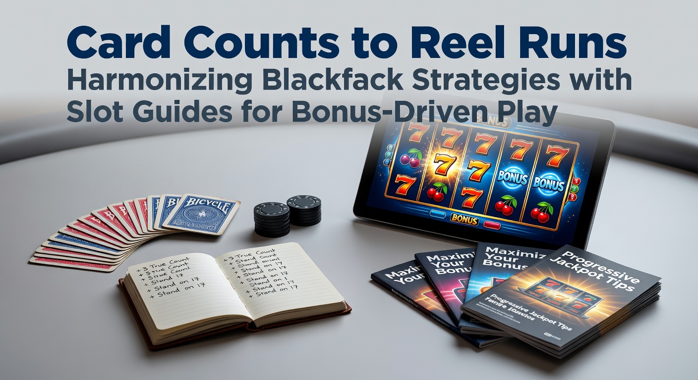 Blackjack table with cards and slot machine reels in a dynamic casino blend, symbolizing strategy fusion