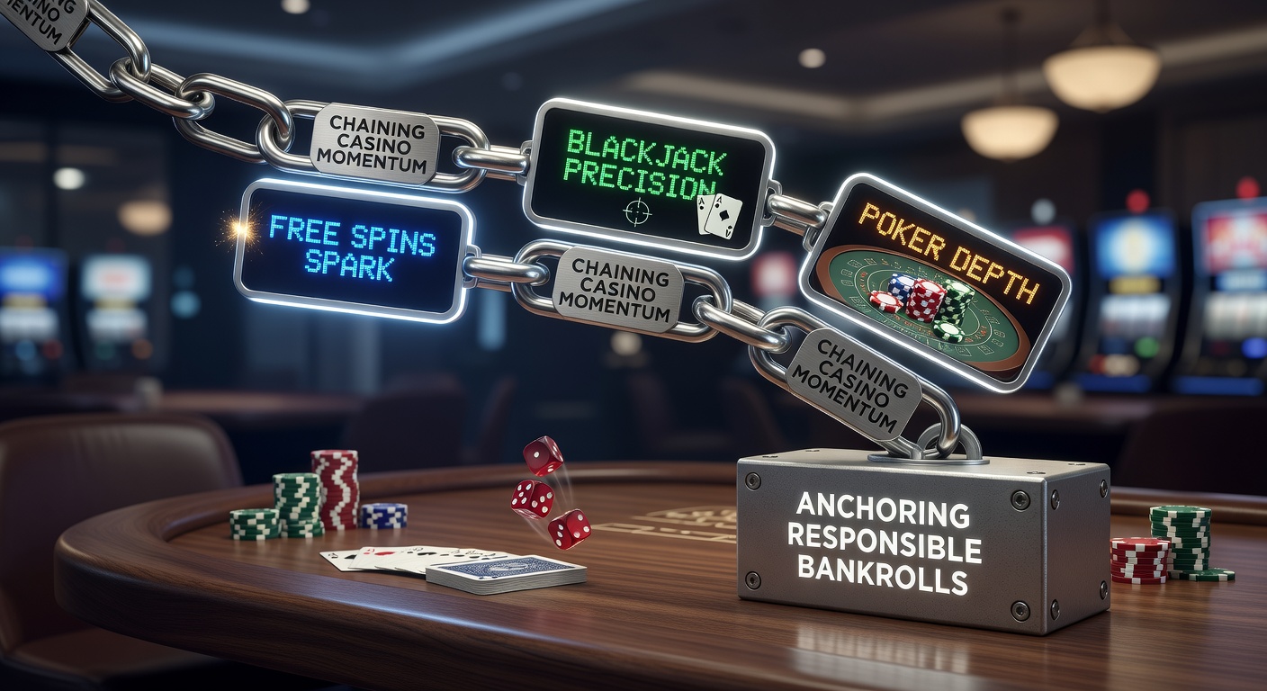 Vibrant casino floor showing slot machines transitioning to blackjack and poker tables, illustrating momentum building in gameplay