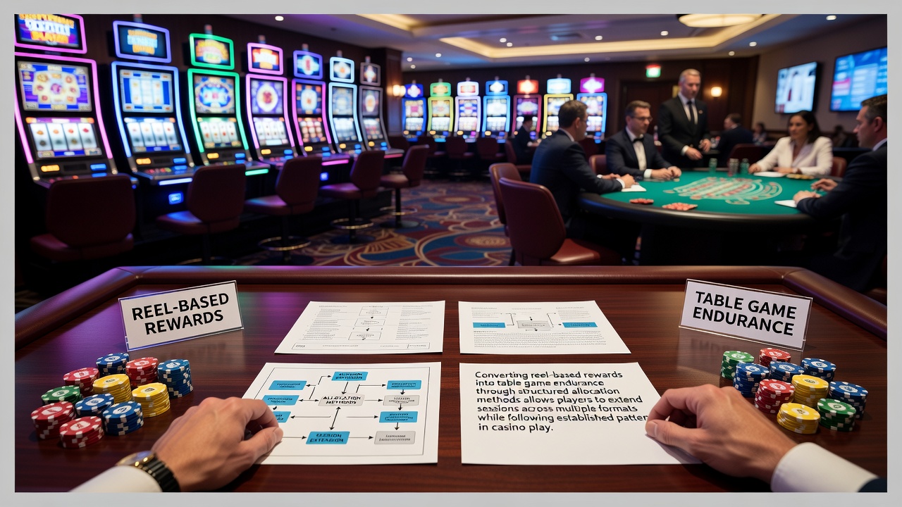 Casino floor showing slot machines transitioning into table game areas with players managing chips and rewards