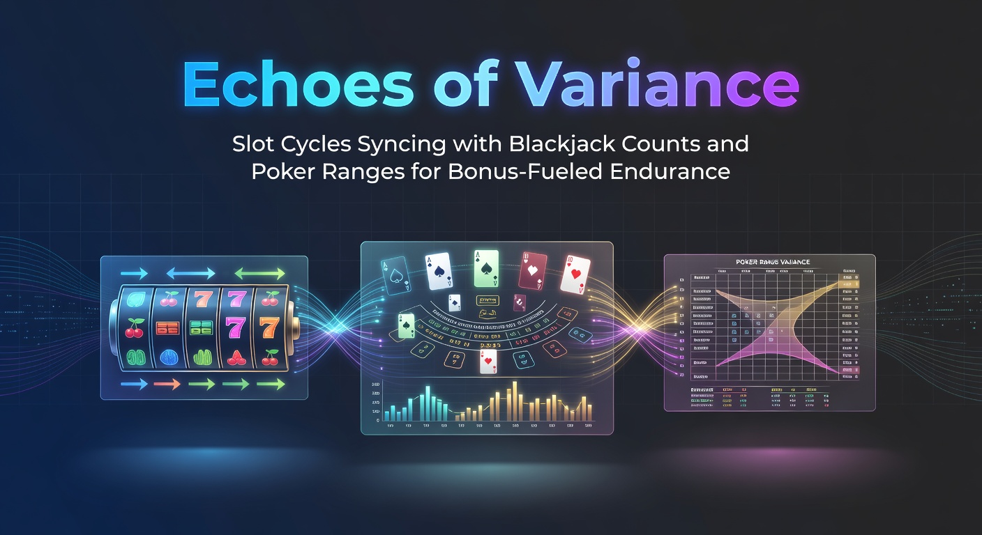 Digital visualization of slot reels syncing with blackjack cards and poker hands amid fluctuating variance waves