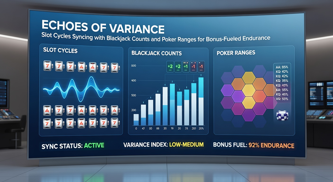 Illustration of blackjack shoe depletion syncing with slot variance graphs and poker range charts