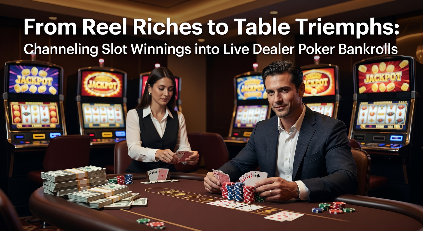 Vibrant slot machine jackpot erupting in coins transitioning to a live dealer poker table stacked with chips