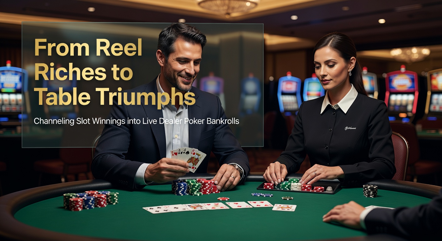 Live dealer at a poker table dealing cards with a digital overlay showing slot winnings funneling into chip stacks