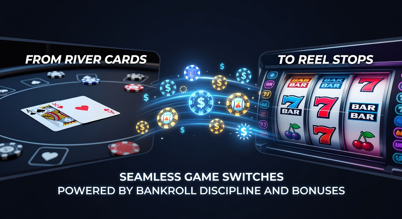 A poker player at the river card stage transitioning smoothly to vibrant slot reels, symbolizing seamless game switches