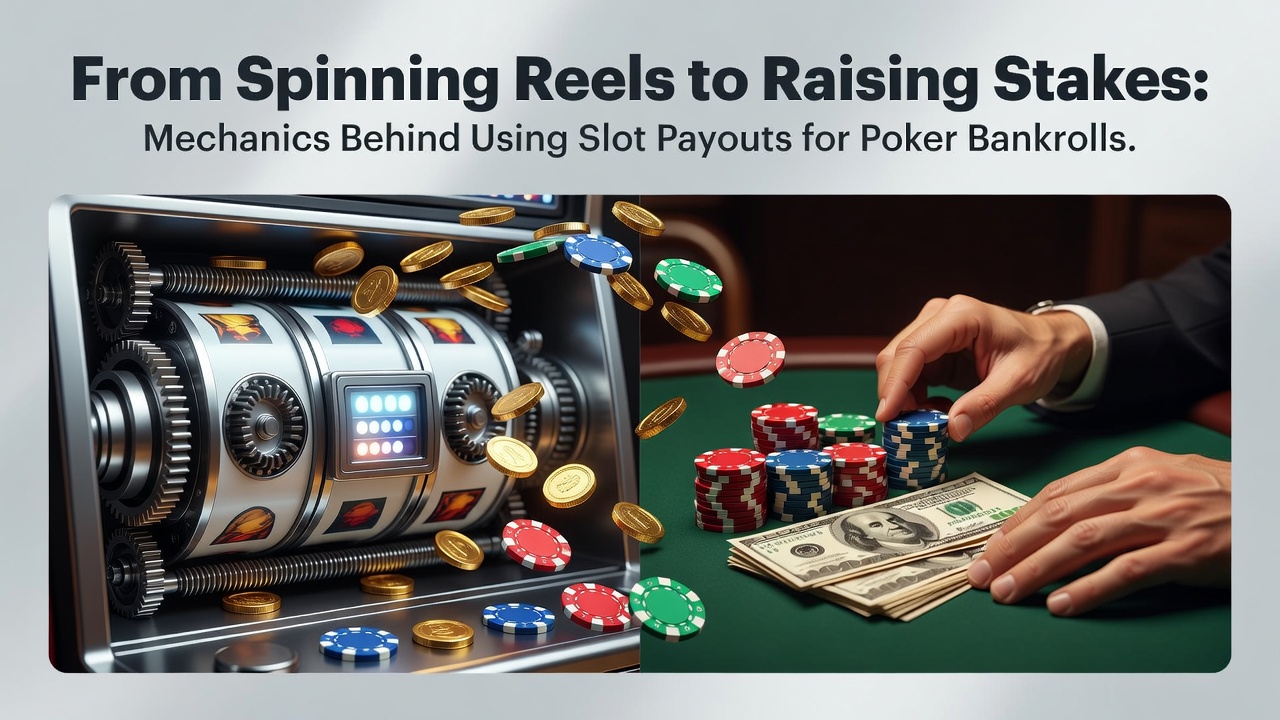 Diagram showing slot machine payout cycles feeding into poker table bankroll tracking systems