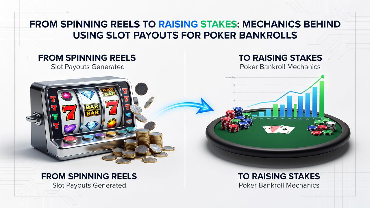 Flowchart illustrating bankroll allocation from slot winnings into poker tournament entries and cash game reserves