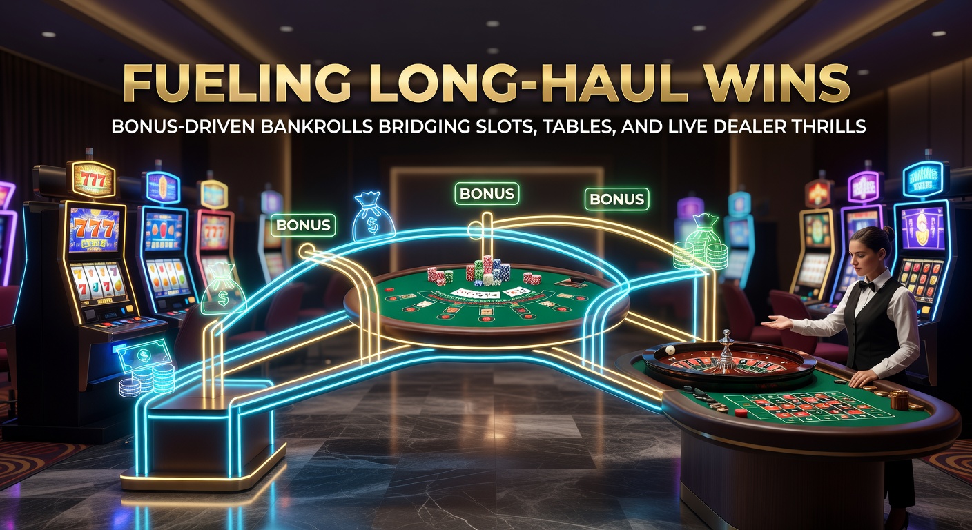 Casino player managing bankroll across slot machines, blackjack tables, and live dealer roulette wheels illuminated under vibrant lights