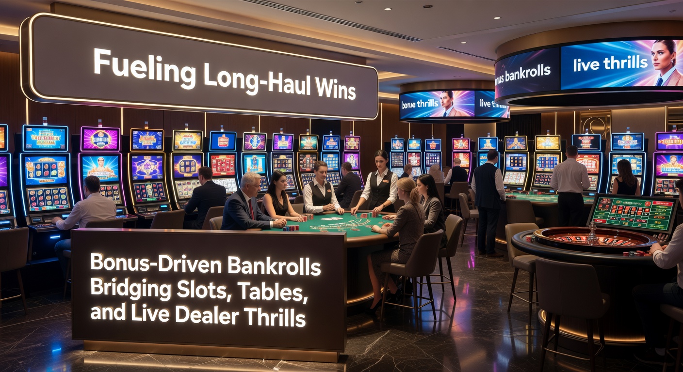 Dynamic casino floor blending digital slots, crowded poker tables, and live dealer blackjack streams with bonus overlays on screens