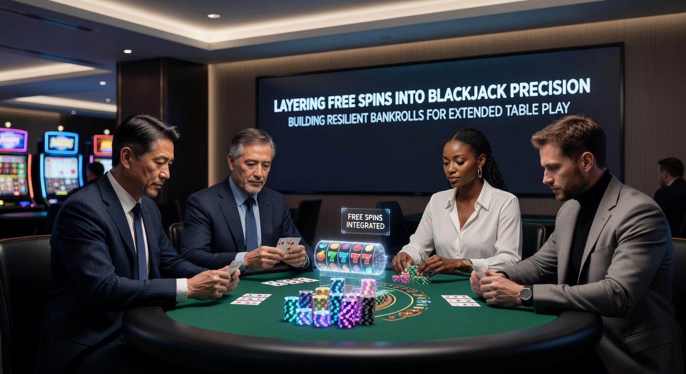 Close-up of blackjack hand with chips stacked high, overlaid with glowing slot free spin icons representing layered winnings