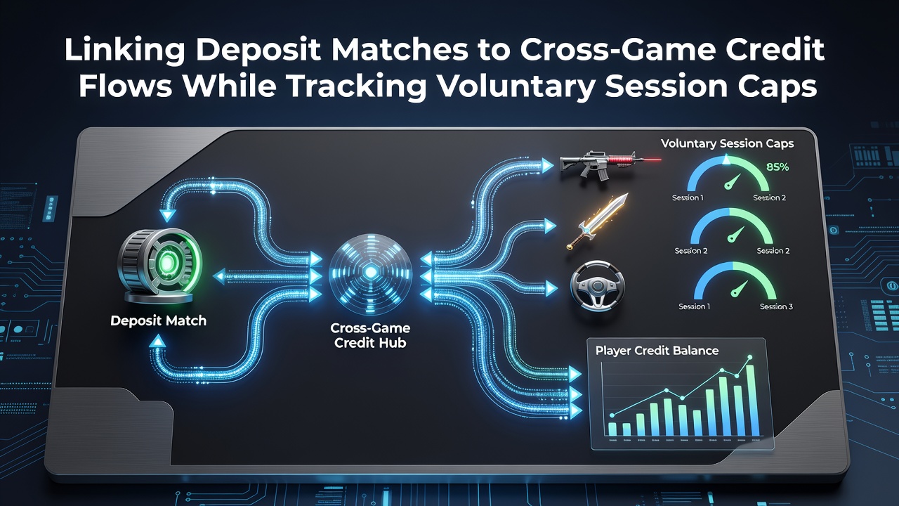 Illustration showing deposit match bonuses flowing into various casino game categories with session cap indicators overlaid