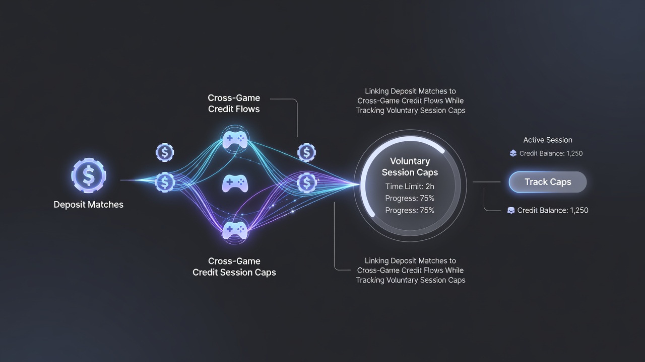 Screenshot-style graphic of a casino dashboard displaying credit flows between game types alongside active session cap progress bars