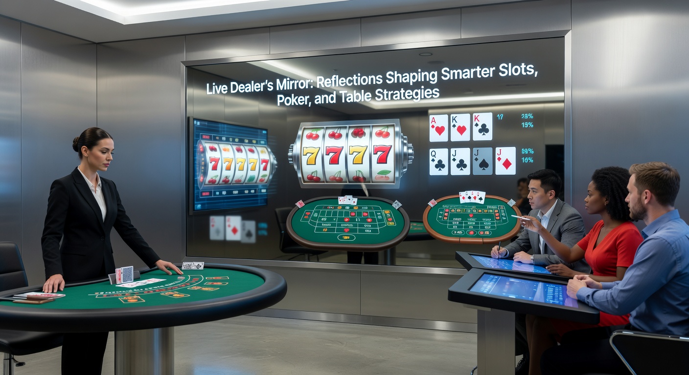 Poker players at live dealer table, chips stacked high, dealer shuffling with precision under bright lights