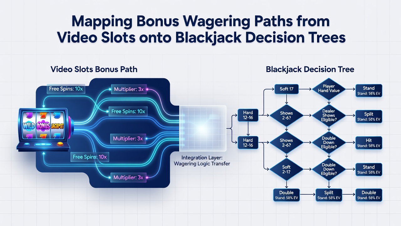 Flowchart illustrating step-by-step mapping from slot bonus activation through blackjack hands using optimal decision paths
