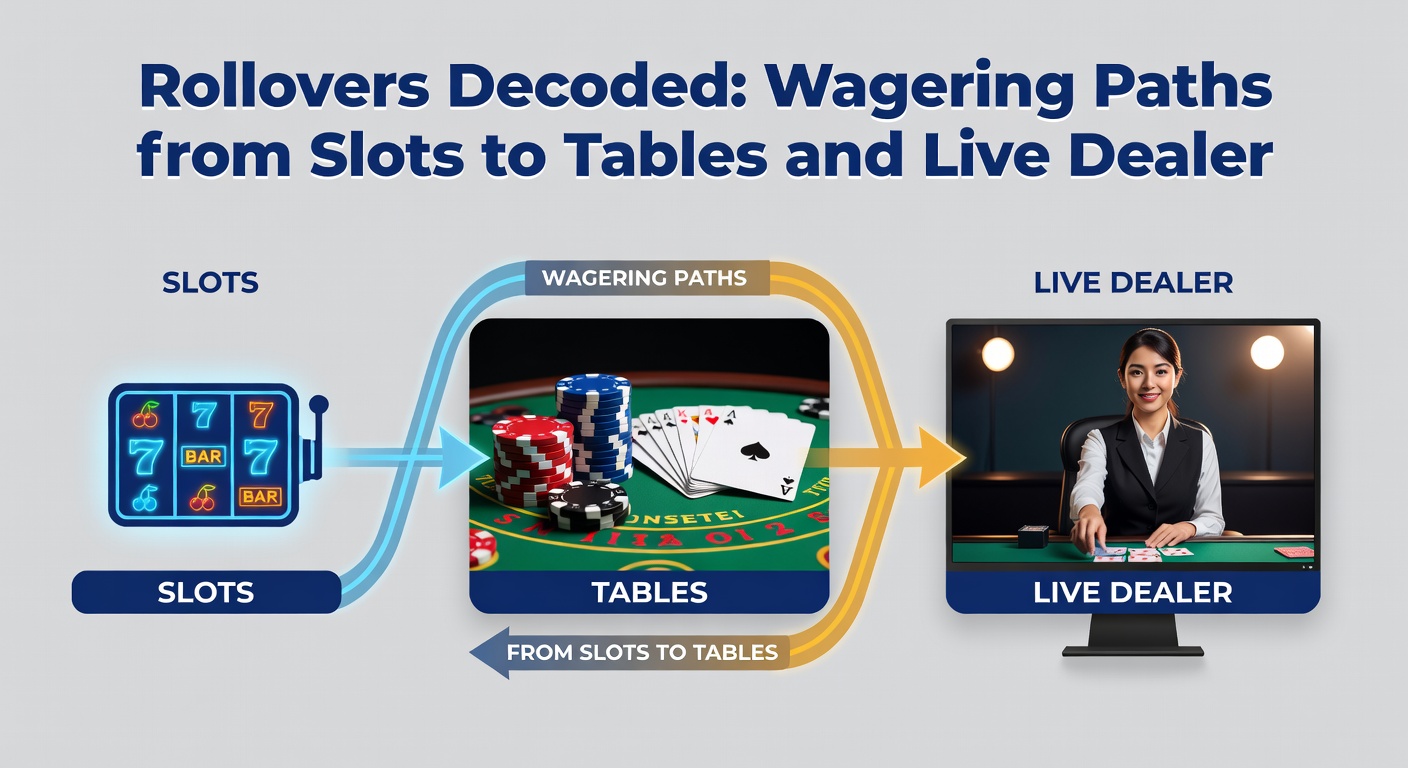 Close-up of blackjack table with chips and cards, representing strategic table game wagering during rollovers