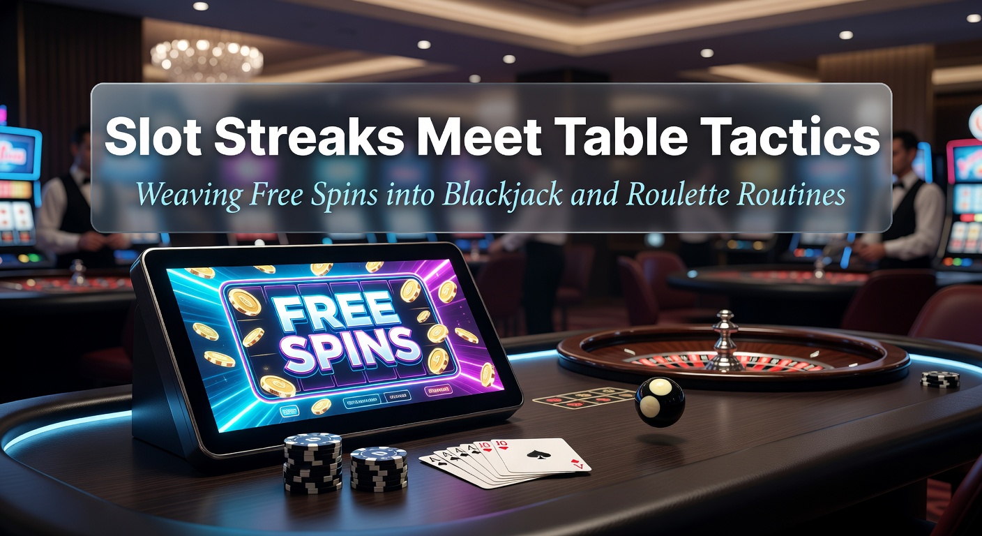 Dynamic casino scene showing slot machines flashing free spin wins next to bustling blackjack and roulette tables, capturing the energy of combined play