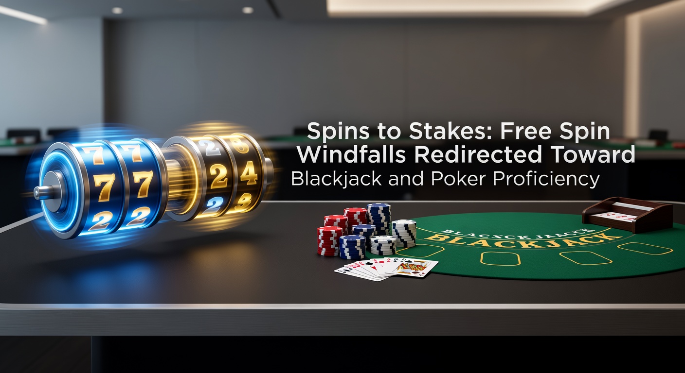 Vibrant casino scene showing slot machine wins cascading into blackjack and poker tables, symbolizing the transition from spins to stakes