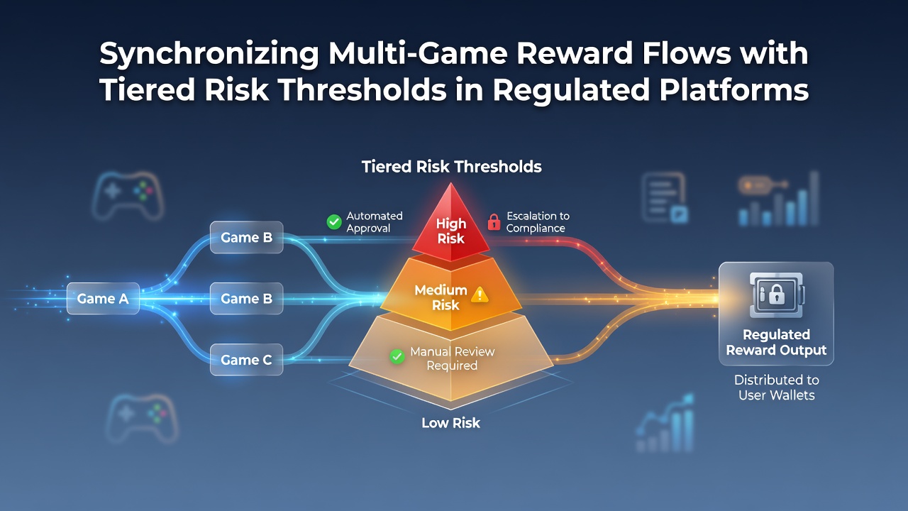 Screenshot of tiered risk dashboard displaying real-time synchronization metrics for multi-game reward flows in a compliant gaming environment