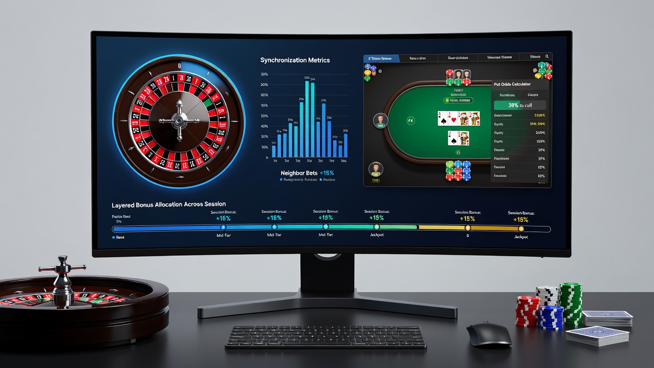 Split view of digital roulette interface next to poker odds calculator display used in bonus tracking systems