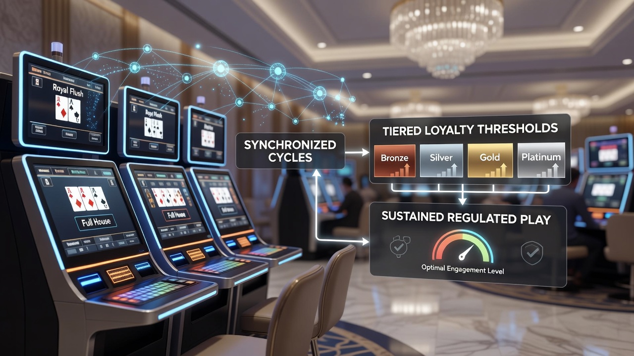 Casino loyalty dashboard screen showing tier progression alongside video poker session analytics