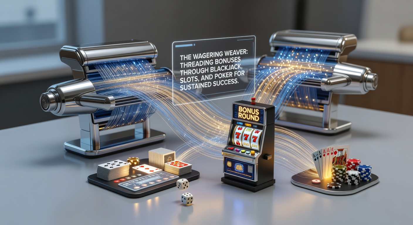 Casino player weaving bonus funds across slot reels, blackjack tables, and poker hands under vibrant lights